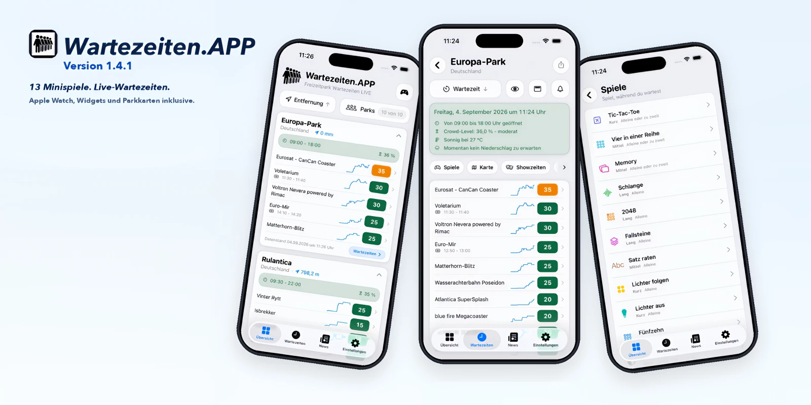 Wartezeiten.APP 1.4.1 adds sharing, Watch upgrades and mini-games
